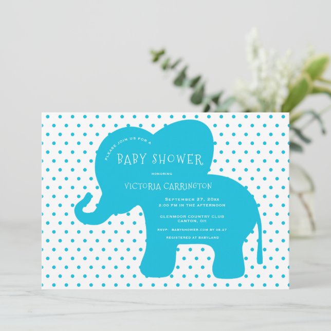 Cute Blue Elephant Polkadots Baby Shower  Invitation (Standing Front)