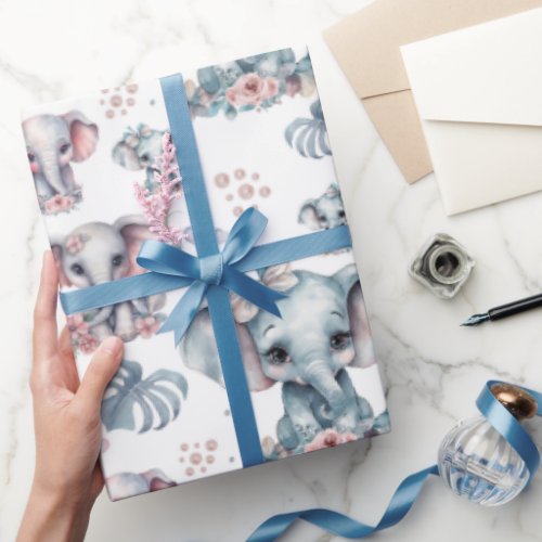 Cute Blue Elephant Print Wrapping Paper