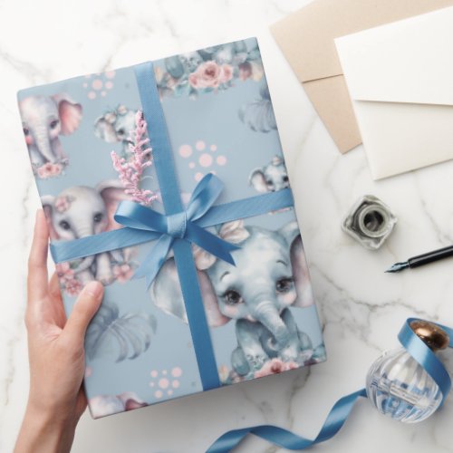 Cute Blue Elephant Print Wrapping Paper