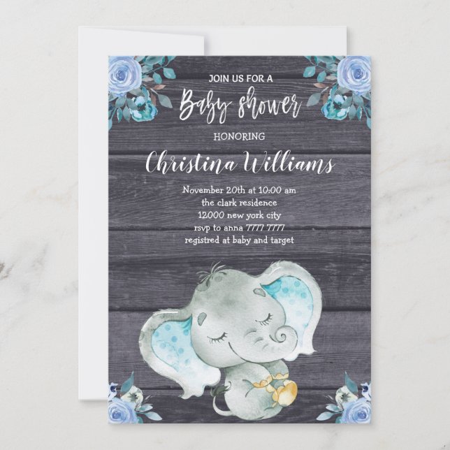 Cute Blue Elephant Rustic Boy Baby Shower Invitation (Front)
