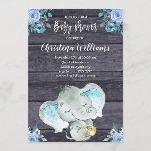 Cute Blue Elephant Rustic Boy Baby Shower Invitation