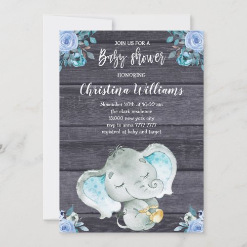 Cute Blue Elephant Rustic Boy Baby Shower Invitation