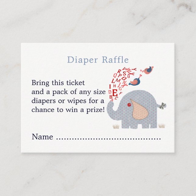 Cute Blue Elephant Shower Diaper Raffle Ticket Enclosure Card (Front)