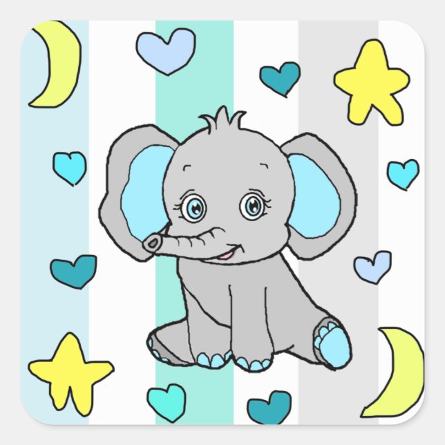 Cute Blue Elephant, Stars, Moons and Hearts Square Sticker (Front)