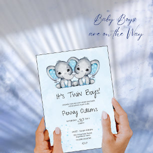 Cute Blue Elephant Twins Baby Shower Invitation