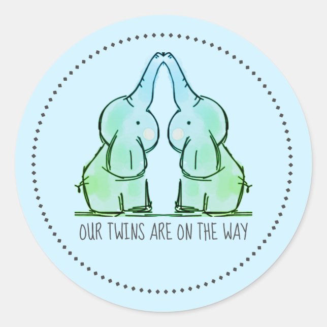 Cute Blue Elephant Twins Baby Shower Stickers (Front)