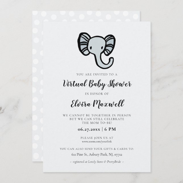 Cute blue elephant Virtual Baby shower Invitation (Front/Back)