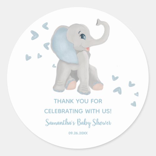 Cute Blue Elephant Watercolor Baby Shower Favor Classic Round Sticker