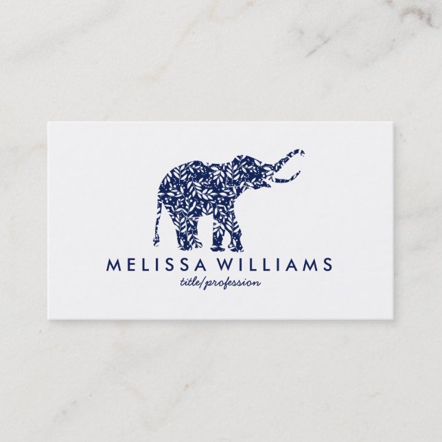 Cute Blue Elephant White Botanical Leafs Business Card (Front)