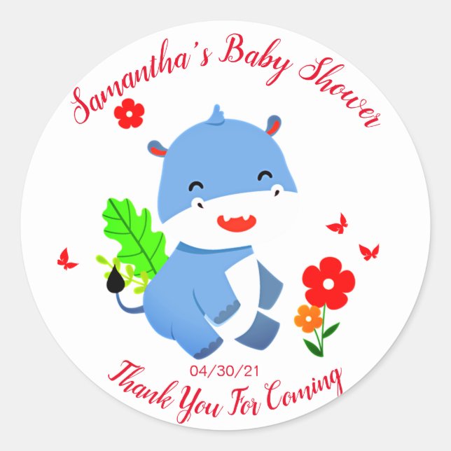 Cute Blue Elephant With Red Flowers Baby Shower Classic Round Sticker (Front)