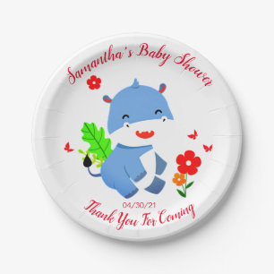 Cute Blue Elephant With Red Flowers Baby Shower Paper Plates