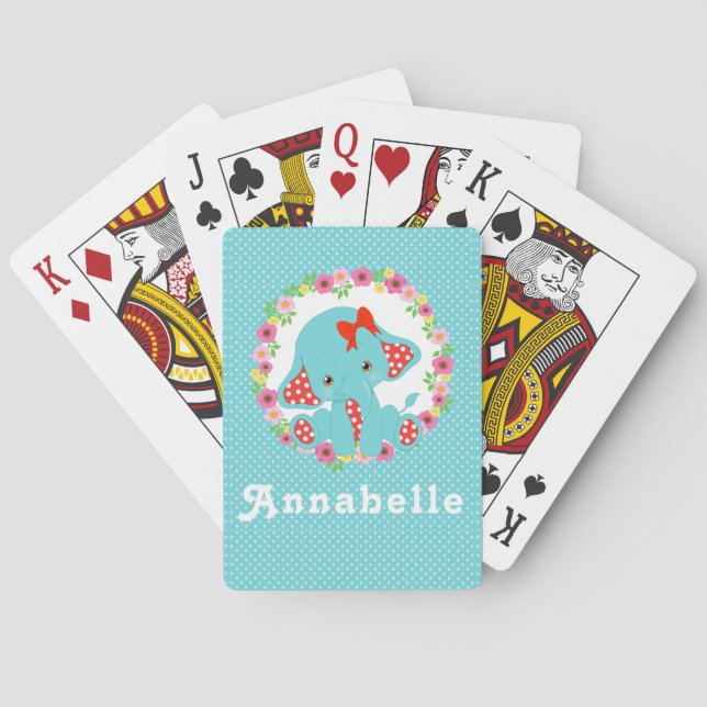Cute Blue Elephant With Red White Polka Dot Ears Poker Cards (Back)