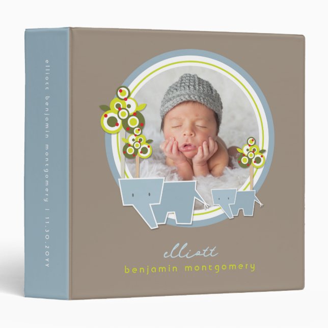 Cute Blue Elephants Family Baby Boy Photo Album Binder (Front/Spine)