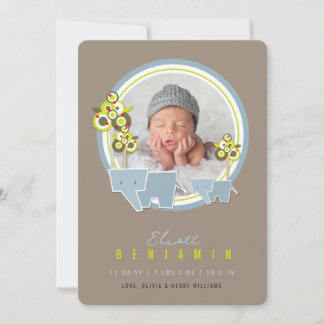 Cute Blue Elephants Family Baby Boy Photo Birth Announcement
