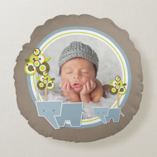 Cute Blue Elephants Forest Baby Boy Photo Round Pillow