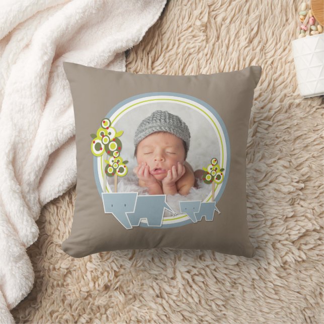 Cute Blue Elephants Forest Baby Boy Photo Throw Pillow (Blanket)