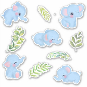 Cute Blue Elephants & Fresh Green Botanicals Sticker