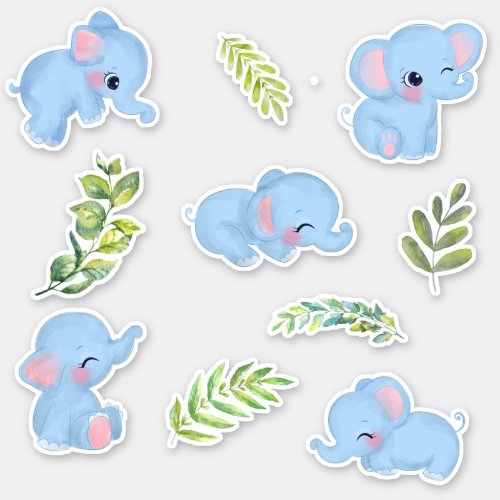 Cute Blue Elephants  Fresh Green Botanicals  Sticker