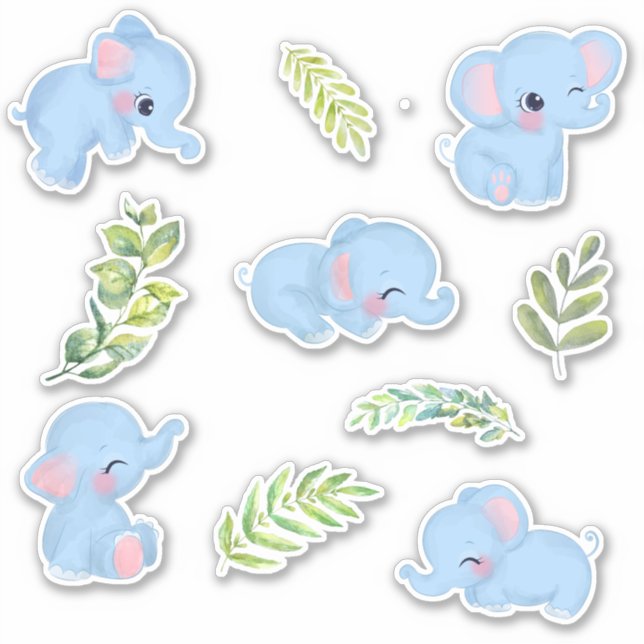 Cute Blue Elephants & Fresh Green Botanicals  Sticker (Front)