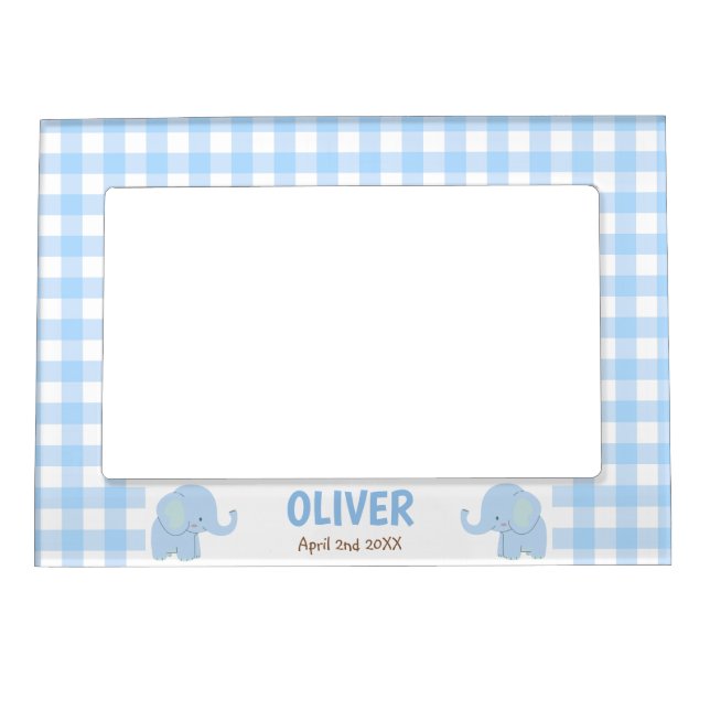 Cute Blue Elephants Gingham Name Birth Magnetic Frame (Front)