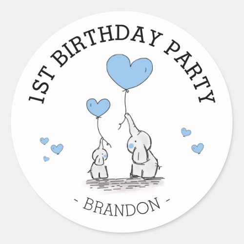 Cute Blue Elephants  Hearts  Boy 1st Birthday Classic Round Sticker