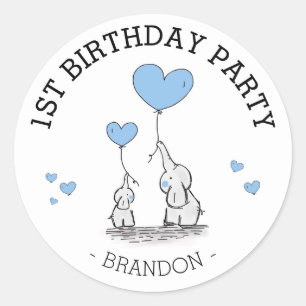 Cute Blue Elephants & Hearts Boy 1st Birthday Classic Round Sticker