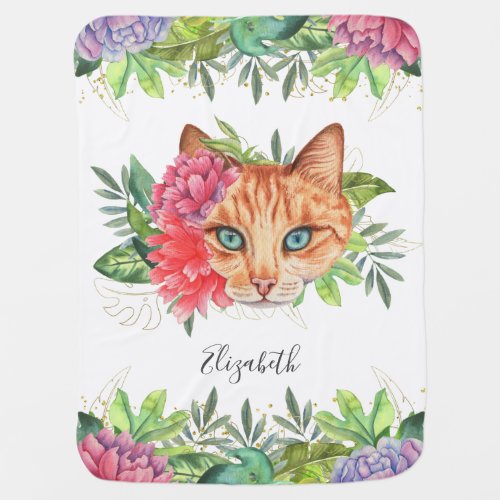 Cute Blue_Eyed Floral Cat Baby Blanket