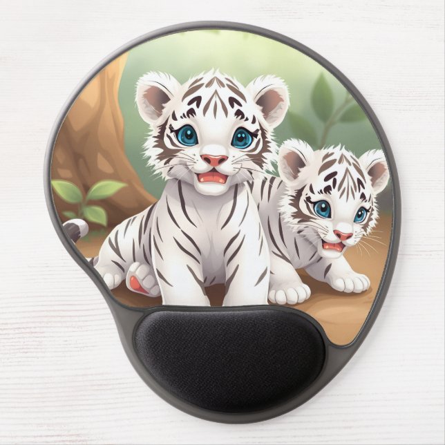 Cute Blue Eyed White Tiger Cubs Gel Mouse Pad (Front)