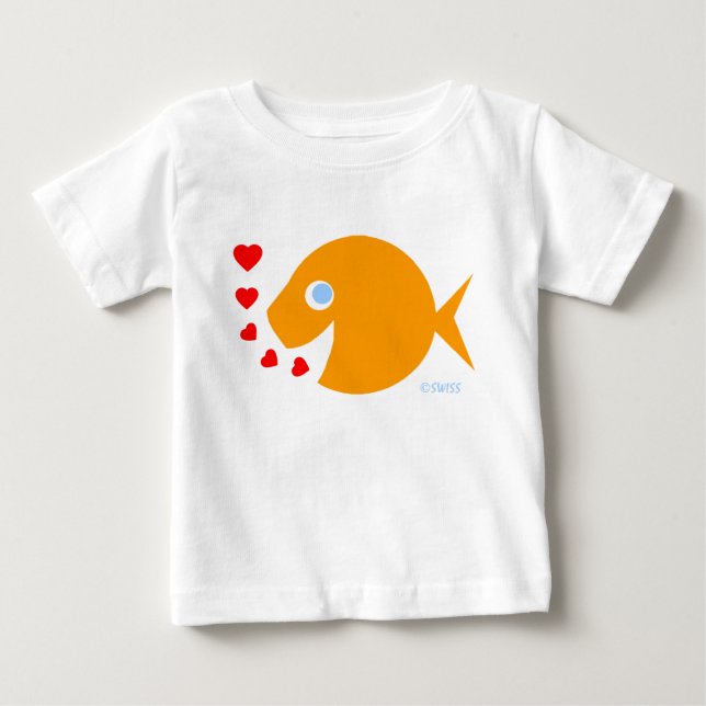 Cute Blue Eyes Baby Goldfish Cartoon and Kisses Baby T-Shirt (Front)