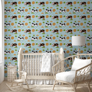 Cute Blue Farm Animals Pattern Kids Nursery Room Wallpaper