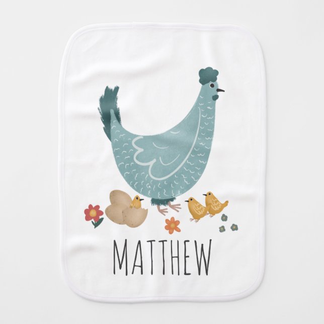 Cute Blue Farm Chicken Boys Baby Burp Cloth (Front)