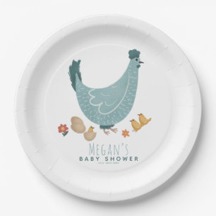 Cute Blue Farm Chicken Boys Baby Shower Paper Plates