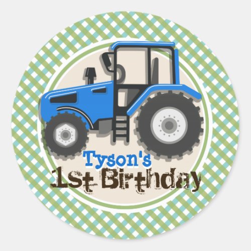 Cute Blue Farm Tractor Green Plaid Birthday Classic Round Sticker