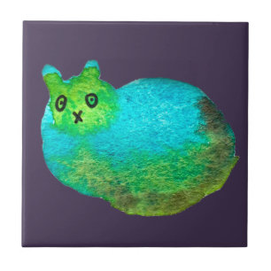 Cute blue fat cat art illustration ceramic tile