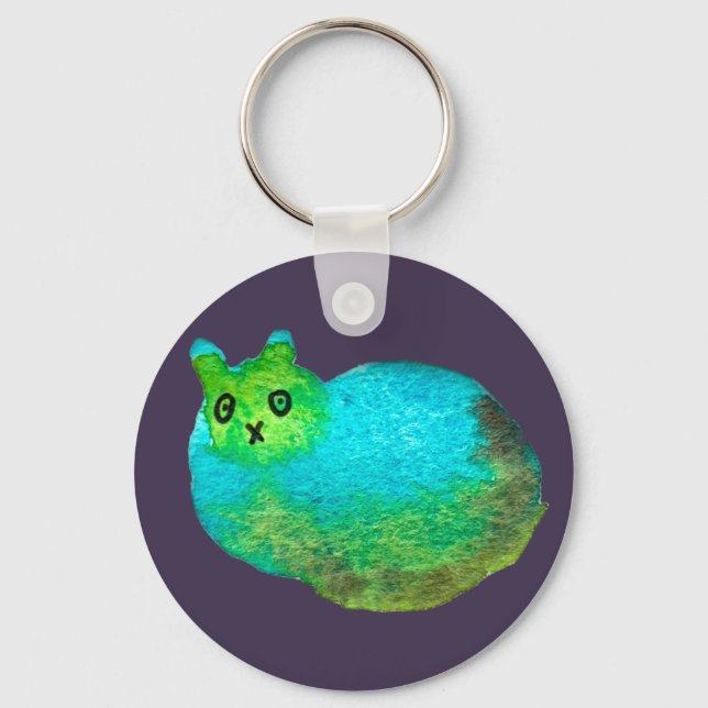 Cute blue fat cat art illustration keychain (Front)