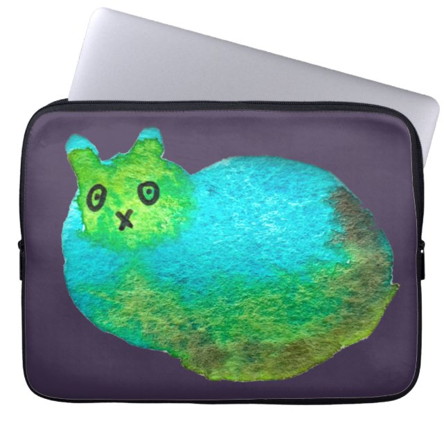 Cute blue fat cat art illustration laptop sleeve (Front)