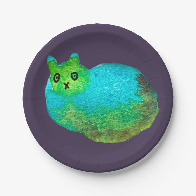 Cute blue fat cat art illustration paper plates (Front)