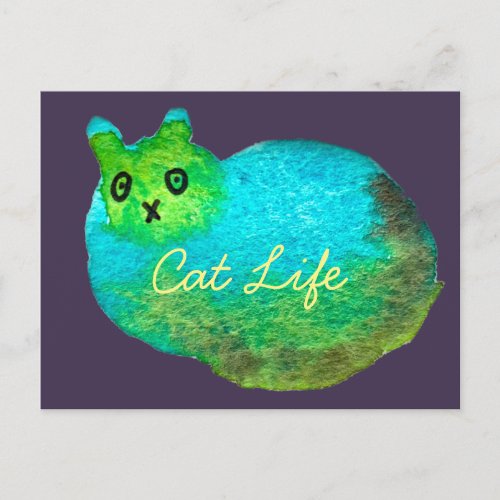 Cute blue fat cat art illustration postcard