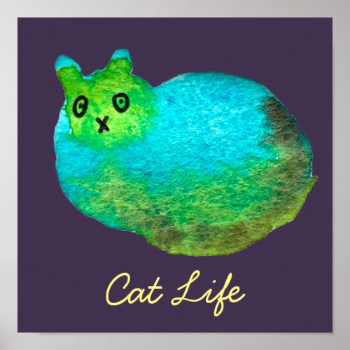 Cute blue fat cat art illustration poster