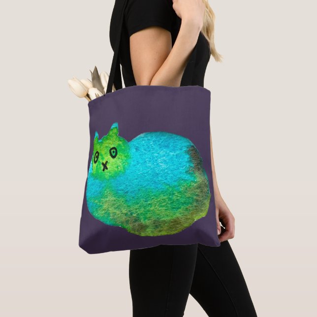 Cute blue fat cat art illustration tote bag (Close Up)