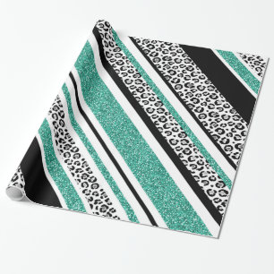 Cute blue faux glitter leopard print stripes wrapping paper