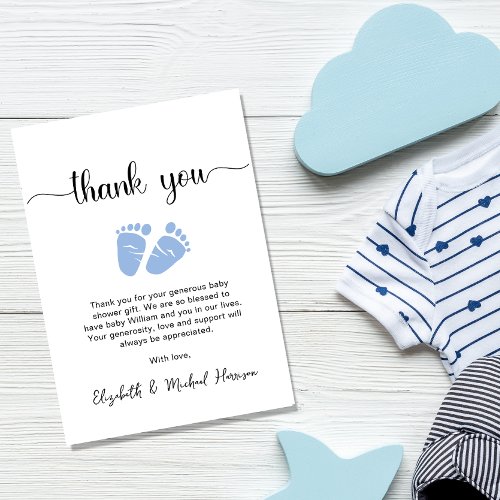 Cute Blue Feet Baby Boy Shower Thank You Note Card
