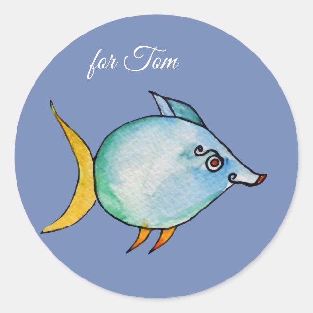 Cute Blue Fish Custom Name Classic Round Sticker (Front)