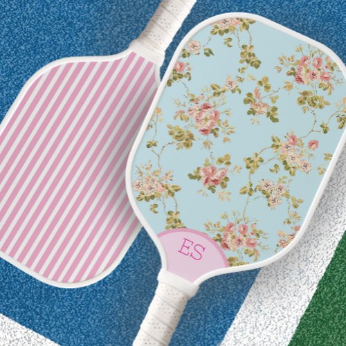Cute blue floral and pink stripe pickleball paddle
