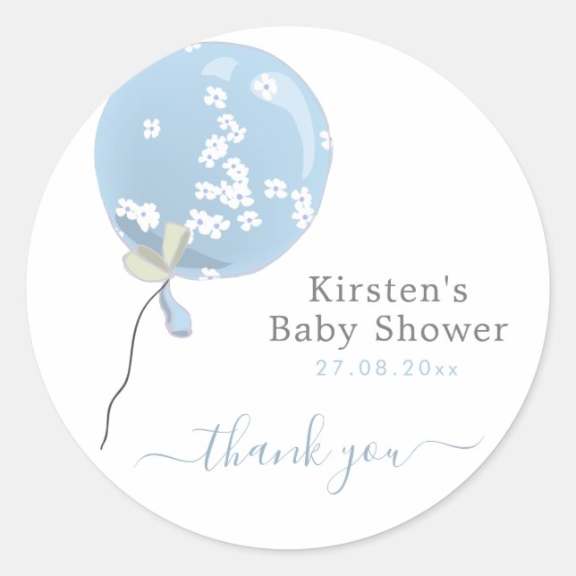 Cute Blue Floral Balloon - Baby Shower Thank You Classic Round Sticker (Front)
