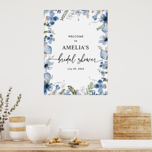 Cute Blue Floral Bridal Shower Welcome Sign Poster