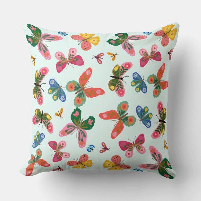 Cute Blue Floral Butterfly Pattern Throw Pillow (Front)