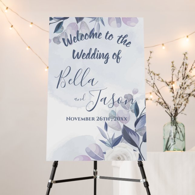 Cute Blue Floral Elegant Wedding Welcome Sign (In Situ (Stand))