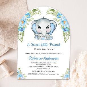 Cute Blue Floral Elephant Arch Baby Shower Invitation