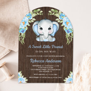 Cute Blue Floral Elephant Arch Wood Baby Shower Invitation